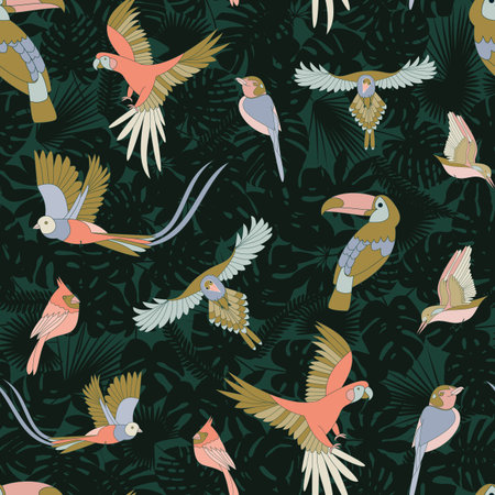 Tropical pattern with birds, parrots and tropic leaves. A bright, juicy summerのイラスト素材