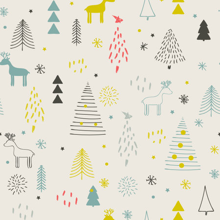 Stylized background with new year theme. Deer, Christmas trees, stars on a light background.のイラスト素材