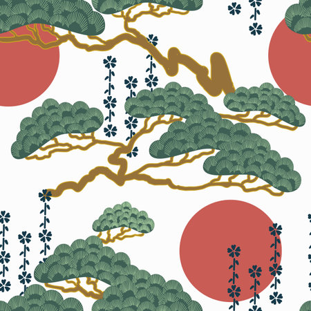 Asian, Japanese pattern with storks, bonsai and red sunのイラスト素材