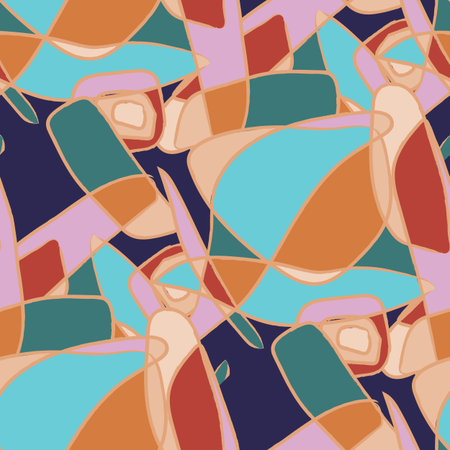 Bright multicolored seamless abstract pattern. 70s style picture. Retro background for design. Lines and intersections, rich colors.のイラスト素材