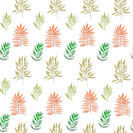 Light simple tropical seamless pattern with plant leaves, made in watercolor style. Botanical, environmental background with different shapes of leaves.のイラスト素材