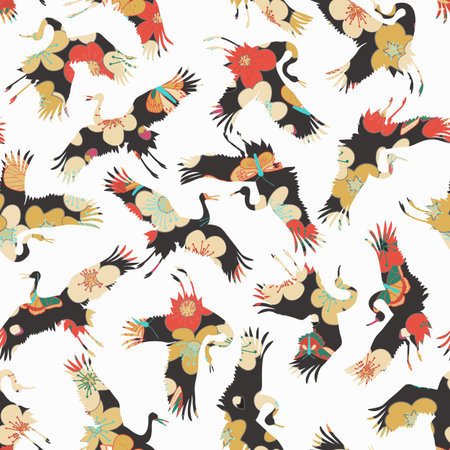 Japanese pattern. Seamless vector ornament with traditional motives. Japanese pattern with storks and chrysanthemum.のイラスト素材