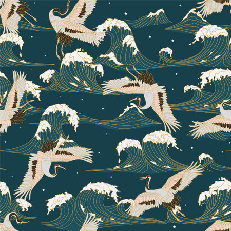 japanese storks in vintage style on green background. Oriental traditional painting. White stork. Japanese crane illustration. Japanese patternのイラスト素材