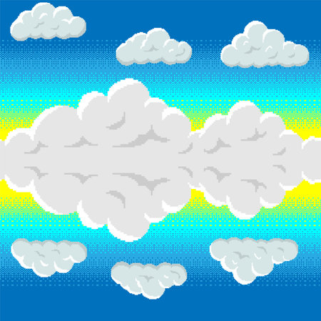 8 bit seamless pattern in retro arcade games style. Blue sky and stacked pixel clouds.のイラスト素材