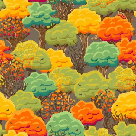 8bit, arcade style, pixel seamless pattern with autumn trees. Leaf fall, colored crowns of trees.のイラスト素材