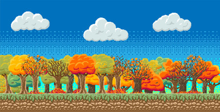 8bit indie arcade game scene, blue sky with clouds, 28 different autumn trees with colored leaves, leaf fall.. Details of the game trees, earth, clouds, sky background.のイラスト素材