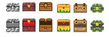 Set of chests in indie style arcade game 8 bits. pixel art, chests of different materials.のイラスト素材
