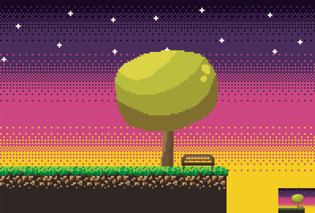 8bit indie arcade game scene, break at sunset with a tree and a bench. Details of the game land, grass, tree, bench.のイラスト素材