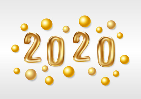 Happy New 2020 Year. Holiday vector illustration of golden metallic numbers 2020. Realistic 3d sign. Festive poster or banner design.のイラスト素材