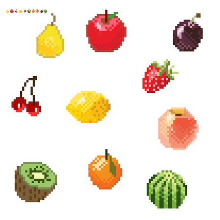 Set of minimalistic pixel art vector fruits isolated.game 8 bit style.symbols group collection. watermelon, pear, apple, lemon, strawberry, cherry, kiwi, citrus, peach, plumのイラスト素材