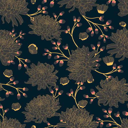 Seamless pattern with big chrysanthemums in dark colors.のイラスト素材