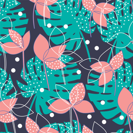 Seamless exotic pattern with tropical leaves. Vector hand drawn background, bright summer pattern for fabric.のイラスト素材