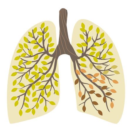 Human lungs, looking like a tree with green leaves, in one lung the leaves turn yellow and fall off. World Pneumonia Day. Bronchitis, respiratory illness. Lung health.のイラスト素材
