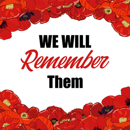 Remembrance day November 11 square card with red poppies on the edges of the card on a white background. Red poppies frame the text above and below in a semicircle.のイラスト素材