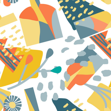 modern collage, seamless pattern of geometric vases and sketchy flowers. Fashionable style of attraction. Bright and rich colors.のイラスト素材