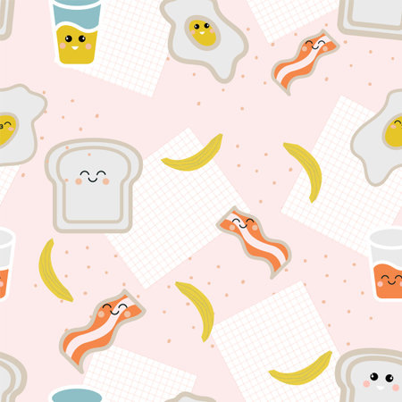 Kawaii seamless pattern with cute breakfast. Background with products, egg, bacon, bread, a glass of juice, banana. A sheet of paper in a cage for a recipe. Delicate colors, smiles, vibrant ingredientのイラスト素材