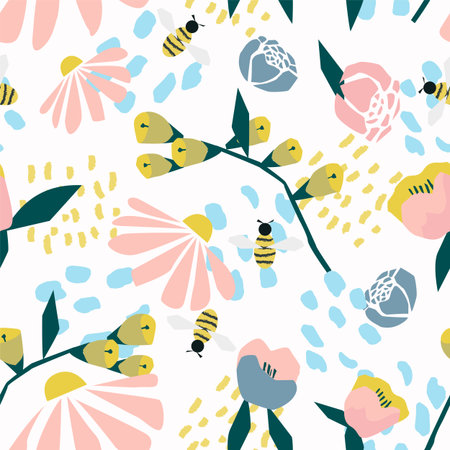 Seamless pattern with simple geometric wildflowers on a white background. Pink, blue, yellow plants.のイラスト素材