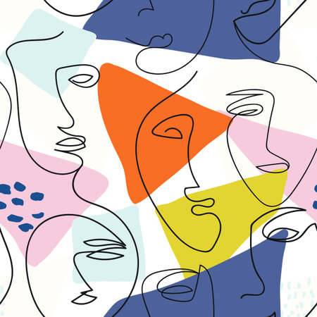Modern one line face seamless pattern with abstract background. For fabric, cards, print. Bright, rich colors. Women's faces.のイラスト素材