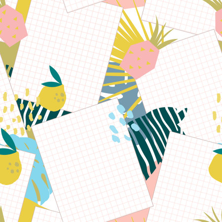 Seamless pattern with bright tropical leaves, animal prints, zebra, tropical fruits and a sheet of a...