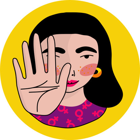 Southeast black-haired feminist girl in clothes with a women sign says stop, showing a stop gesture with her hand. Serious facial expression. Comic, pop art woman fighting for her rights.のイラスト素材
