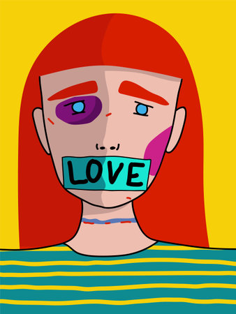 Cartoon, pop art portrait of a girl with bruises on her face with a sticky tape in her mouth, with the inscription love. A scared girl suffers from domestic violence. Beats means love. Abuseのイラスト素材