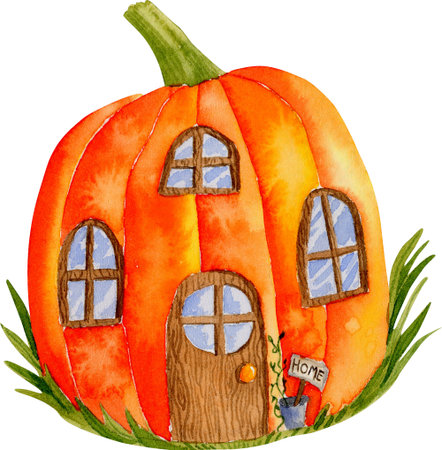 Autumn Orange watercolor pumpkin house.の写真素材