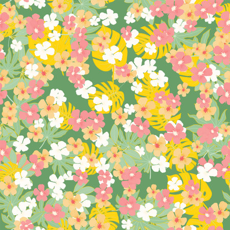 Summer bright seamless pattern in Hawaiian style with tiny flowers and tropical leavesのイラスト素材