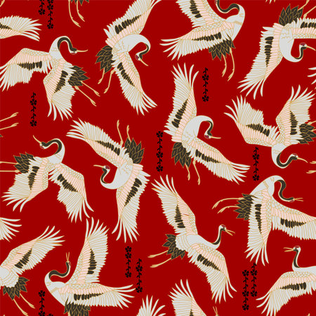 Japanese japanese stork or pattern. Oriental - japanese - seamless pattern. Crane, stork, heron. Flying heron bird. Red backgroundの写真素材