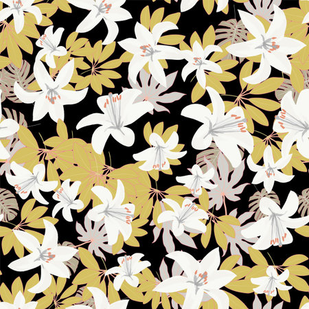 seamless pattern with tropical leaves and liliesのイラスト素材