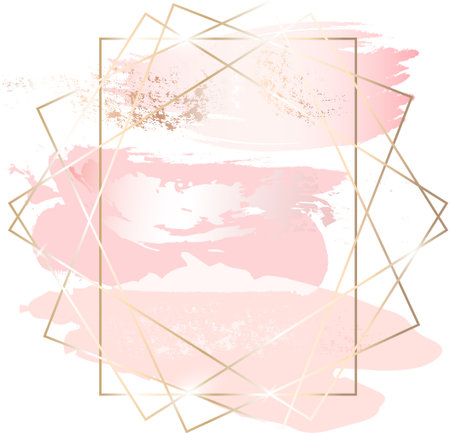 Vintage design template with pink paint strokes and gold frame. Abstract vector watercolor style. luxury vector illustration.のイラスト素材