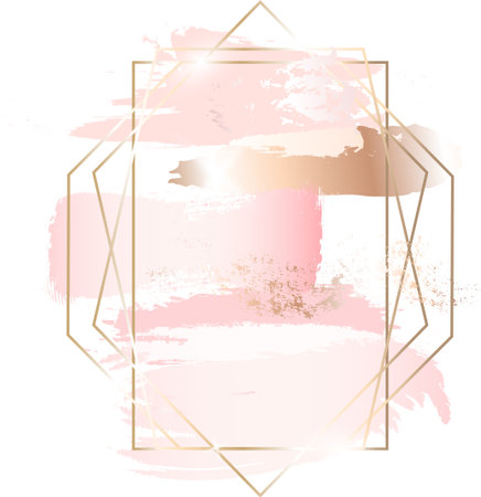Vintage design template with pink paint strokes and gold frame. Abstract vector watercolor style. luxury vector illustration.のイラスト素材