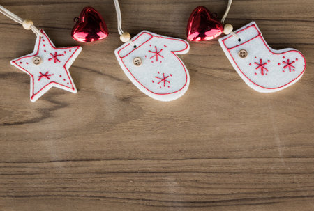 top view christmas decoration and small heart on wood background,vintage toneの写真素材