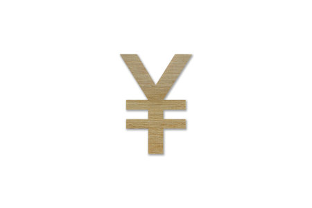 yen currency symbol made from wood isolated on white background with clipping pathの写真素材