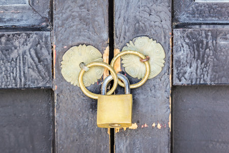 old golden padlock and golden ring on wooden door