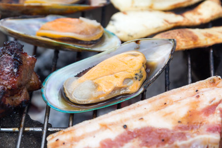 mussel  and meat on the grille for dinner