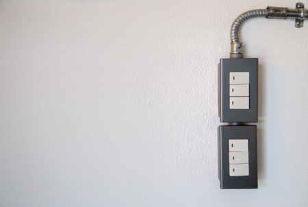 double electric switch on the white wall with spaceの写真素材