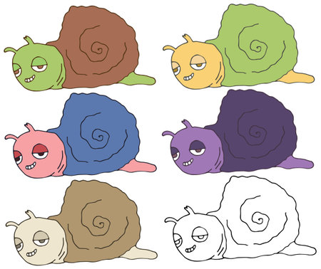 Print cartoon doodle happy snail monsters color set hand drawのイラスト素材