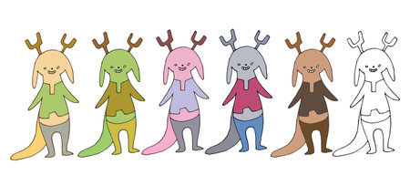 Print cartoon doodle color set deer monster hand draw happyのイラスト素材