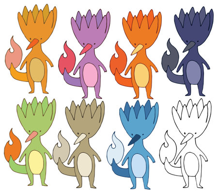 Print fire cartoon funny monsters color set hand drawのイラスト素材
