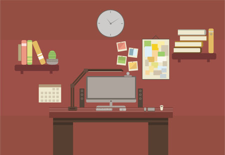 Print office place flat style color brown cabinet room homeのイラスト素材