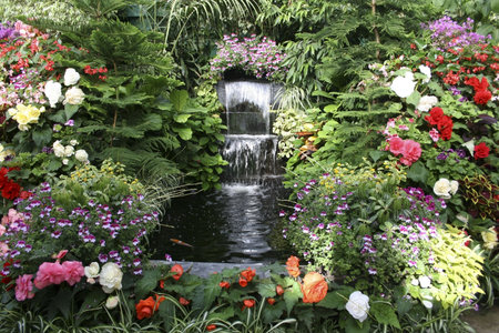 Waterfall at The Butchart Gardens, Canadaの写真素材