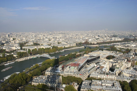 View of Paris and the Seine River from the Eiffel Tower, Paris, Franceの写真素材