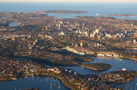 Aerial view of north shore suburbs of Sydney from Chatswood to Manly and North and South Head, Australiaの写真素材