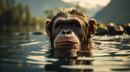 A bonobo chimpanzee in the river in the wilderness in Democratic Republic of the Congoの素材