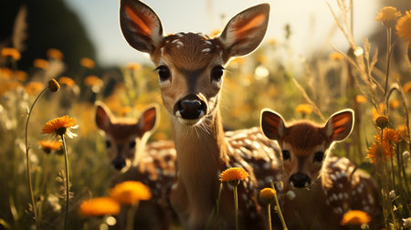 A white-tailed deer doe and its two fawns in an open meadow in summerの素材