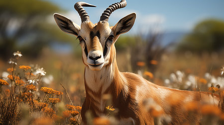 Blesbok, Damaliscus pygargus phillipsi, or blesbuck male full body portrait highly focused in summerの素材