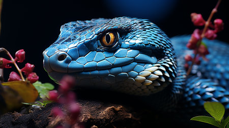 Blue viper snake on branch, viper snake, blue insularis, Trimeresurus Insularis, Indonesian viperの素材