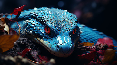 Blue viper snake closeup on insularis, runningin jungleの素材