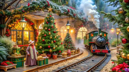 Christmas and New Year holidays scene with Christmas tree, train and decorationsの素材