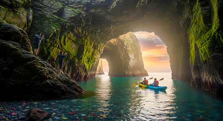 Couple kayaking in a cave on the seashore.の素材